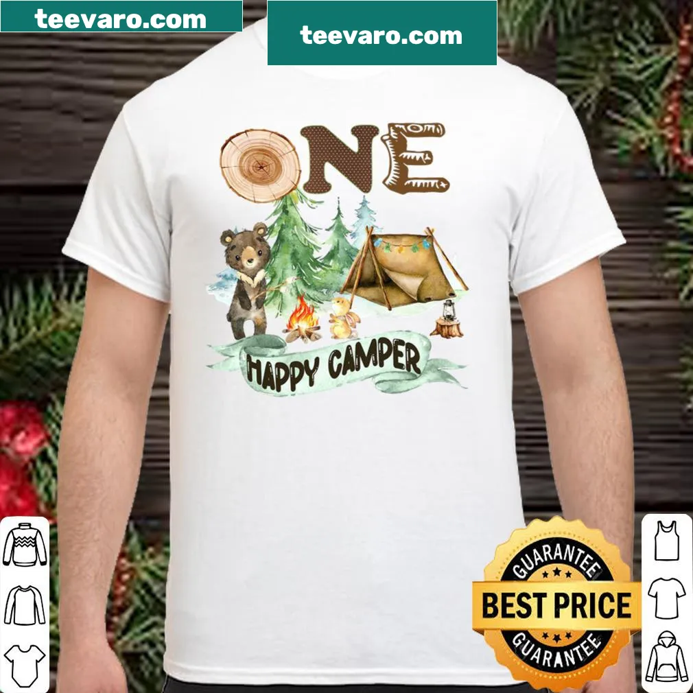 Illustrated camping theme shirt for a child's first birthday.