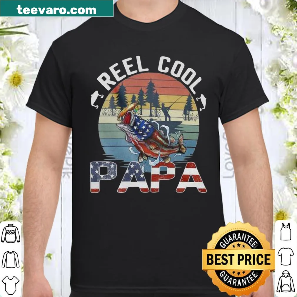 Vintage-style shirt featuring a fishing reel and American flag