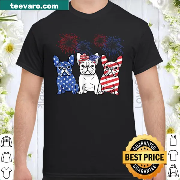 Cartoon French bulldog wearing an American flag design on a t-shirt