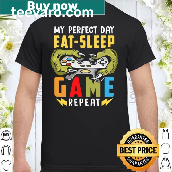 Humorous shirt featuring eat, sleep, game, repeat text for gamers