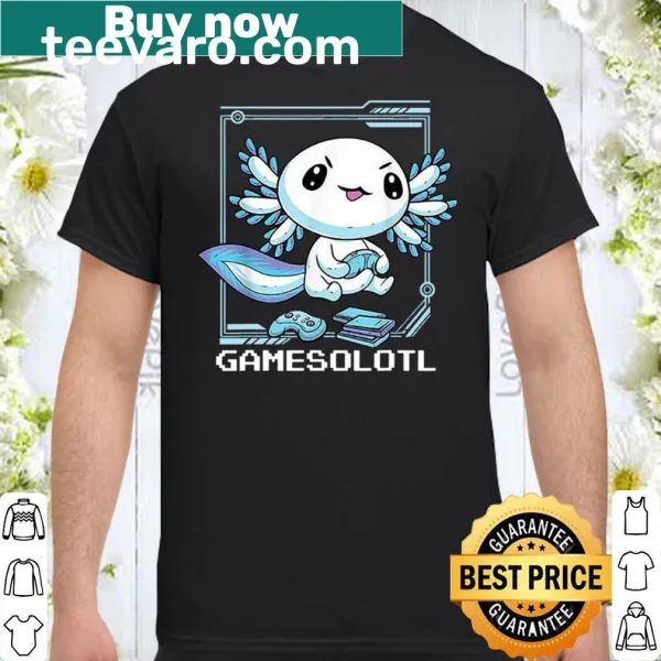 Cartoon axolotl playing video games graphic on shirt