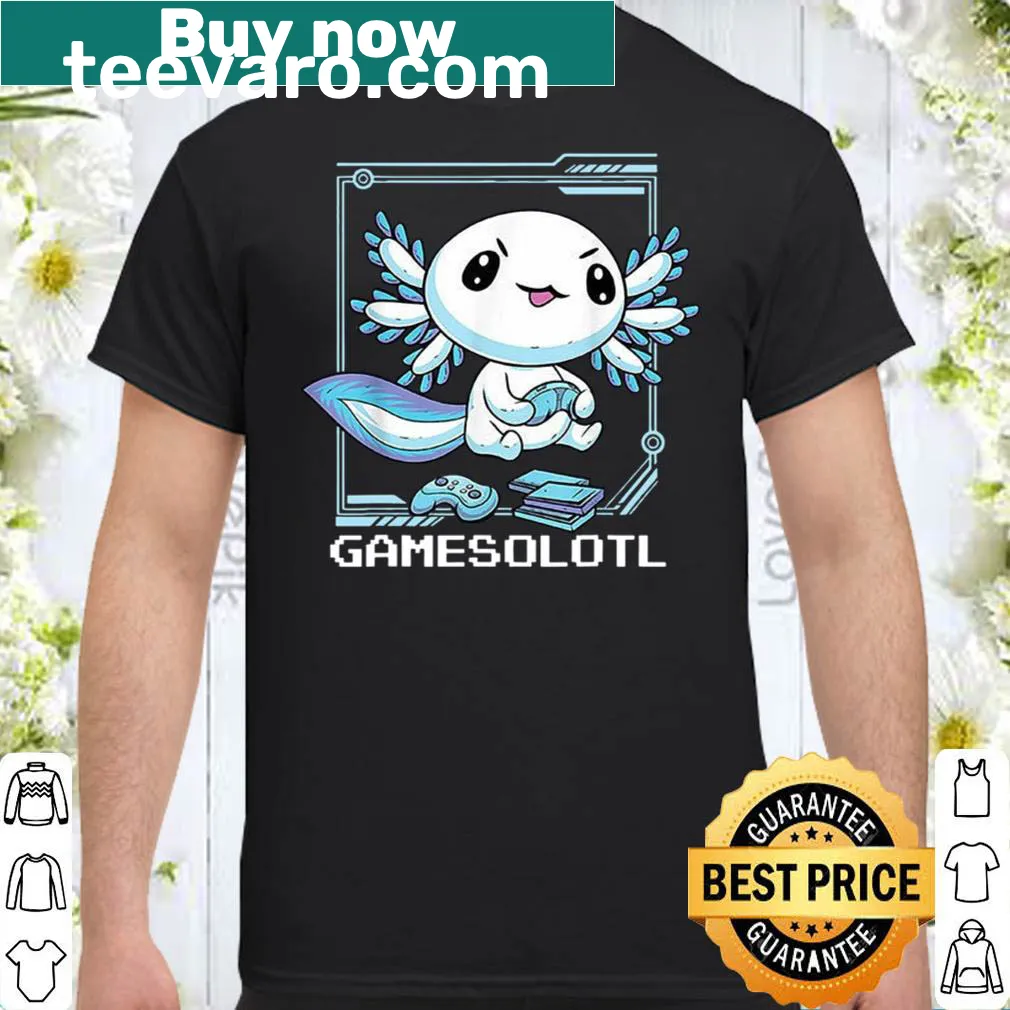 Cartoon axolotl playing video games graphic on shirt