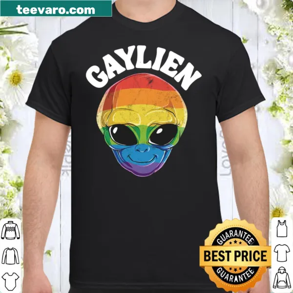Cartoon alien with rainbow flag on a humorous T-shirt