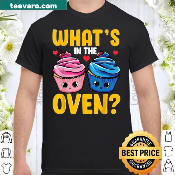 Playful shirt asking 'What's In The Oven? Cupcake or Muffin?' for gender reveal