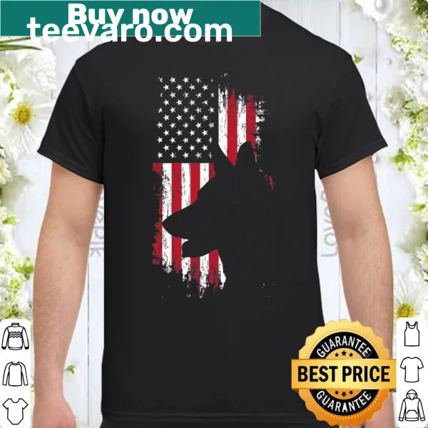 Silhouette of a German Shepherd against an American flag on a t-shirt