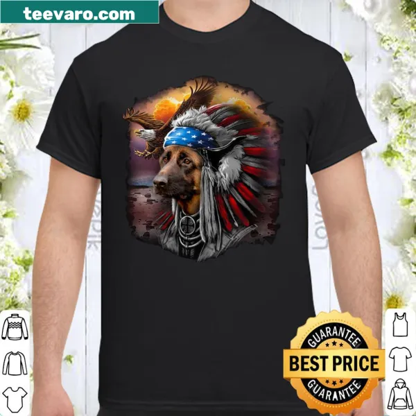 Graphic shirt featuring a German Shepherd with Native American motifs