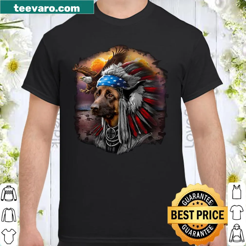 Graphic shirt featuring a German Shepherd with Native American motifs