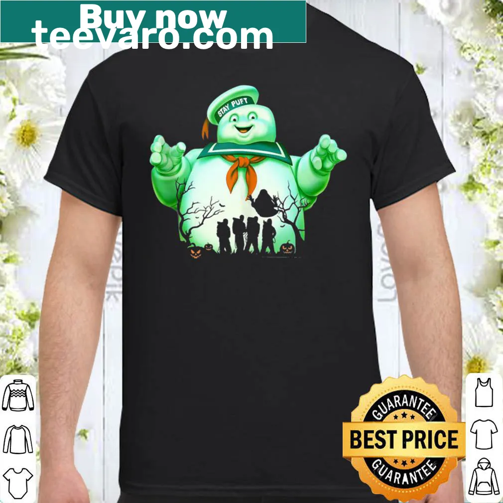 Iconic Ghostbusters Marshmallow Man silhouette with team design.