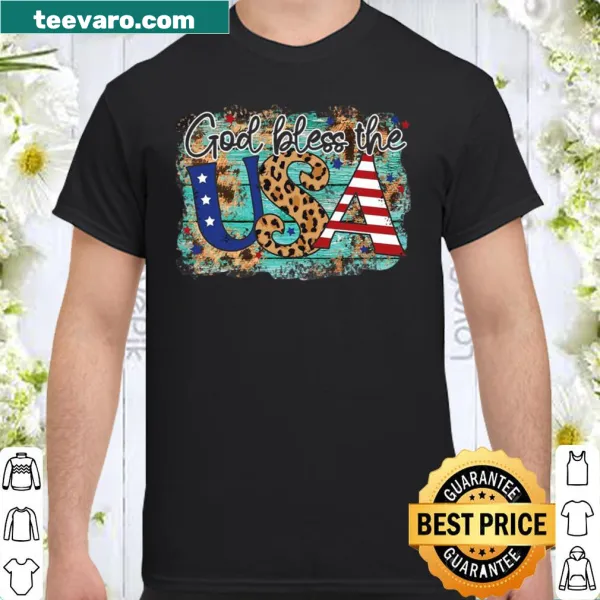 Patriotic shirt featuring stars, stripes, and leopard print design