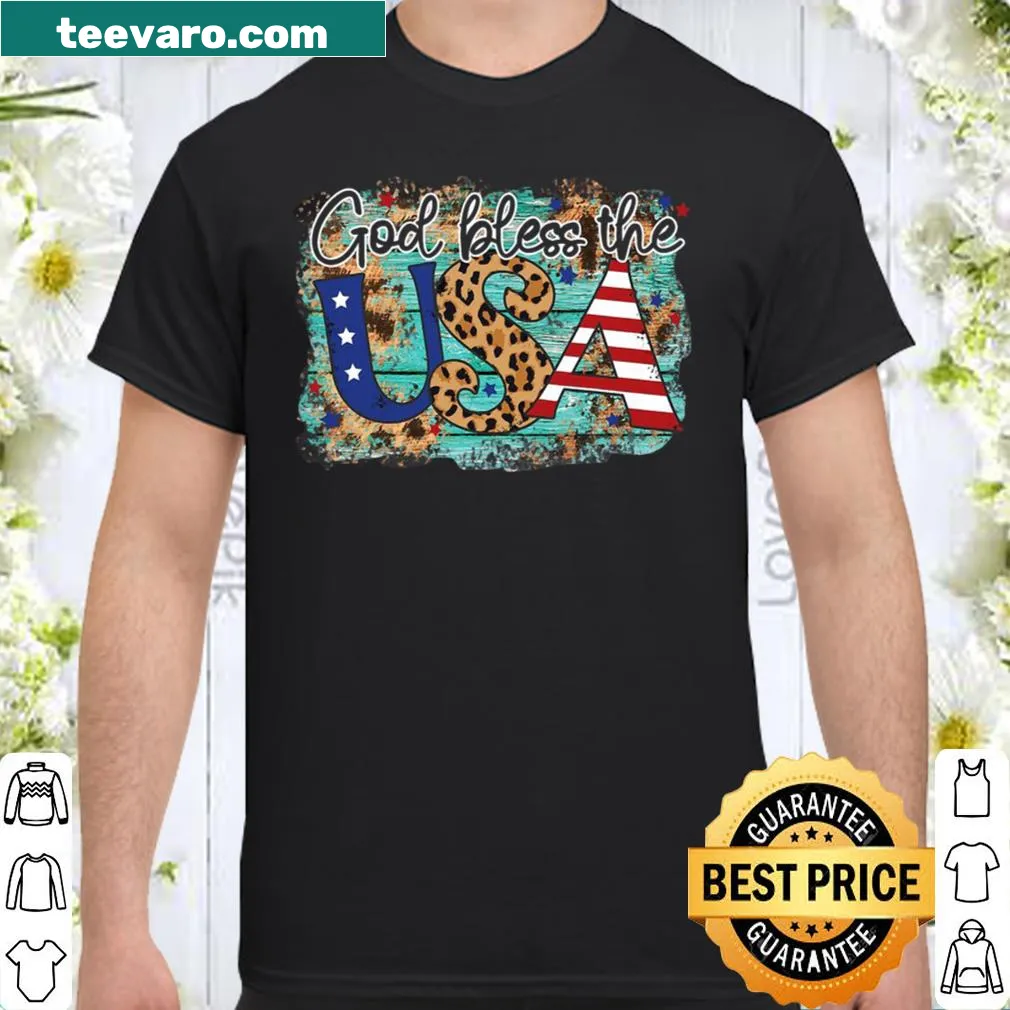 Patriotic shirt featuring stars, stripes, and leopard print design
