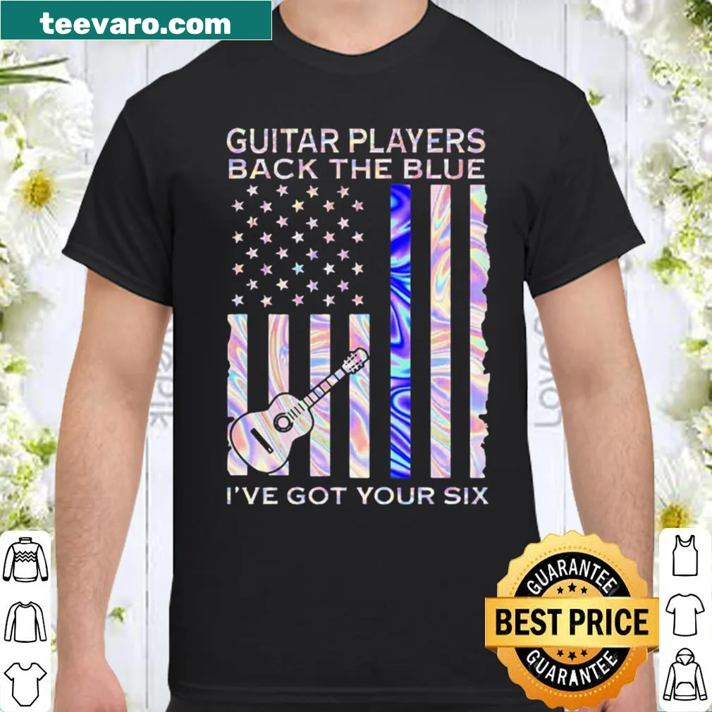 Hologram shirt with a guitar design and supportive text about law enforcement