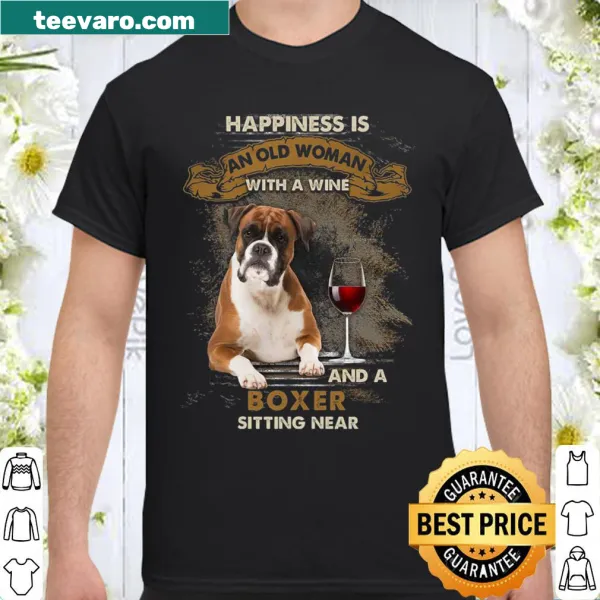 Shirt with graphic of old man and boxer dog enjoying wine