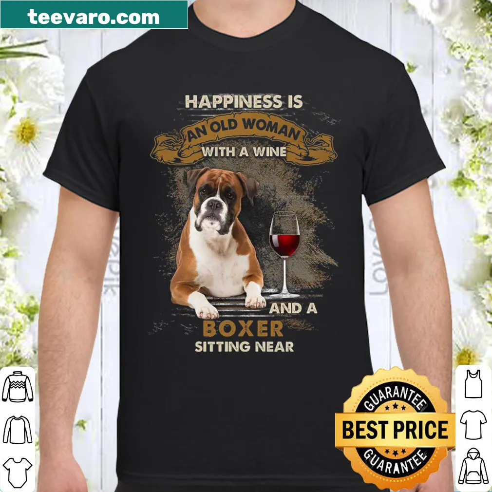 Shirt with graphic of old man and boxer dog enjoying wine
