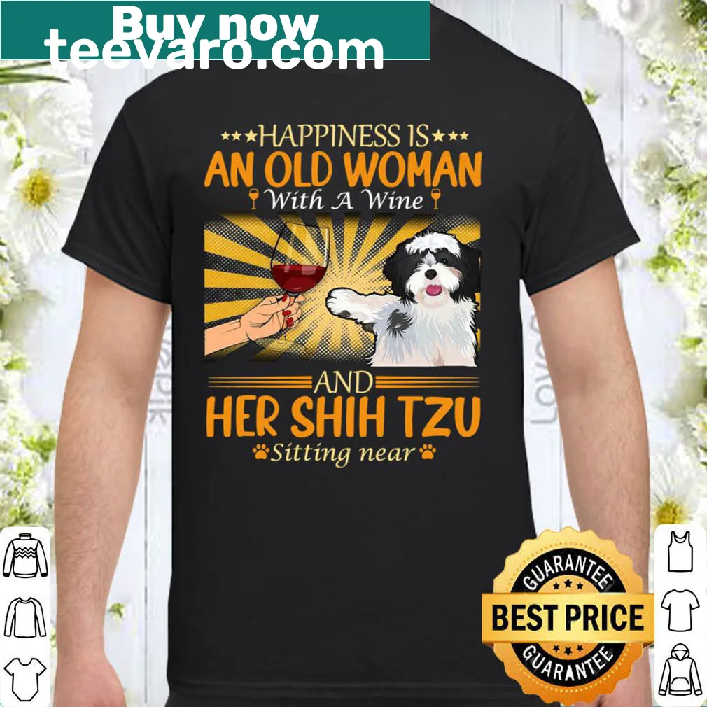Vintage-style T-shirt with an old man, wine, and Shih Tzu illustration