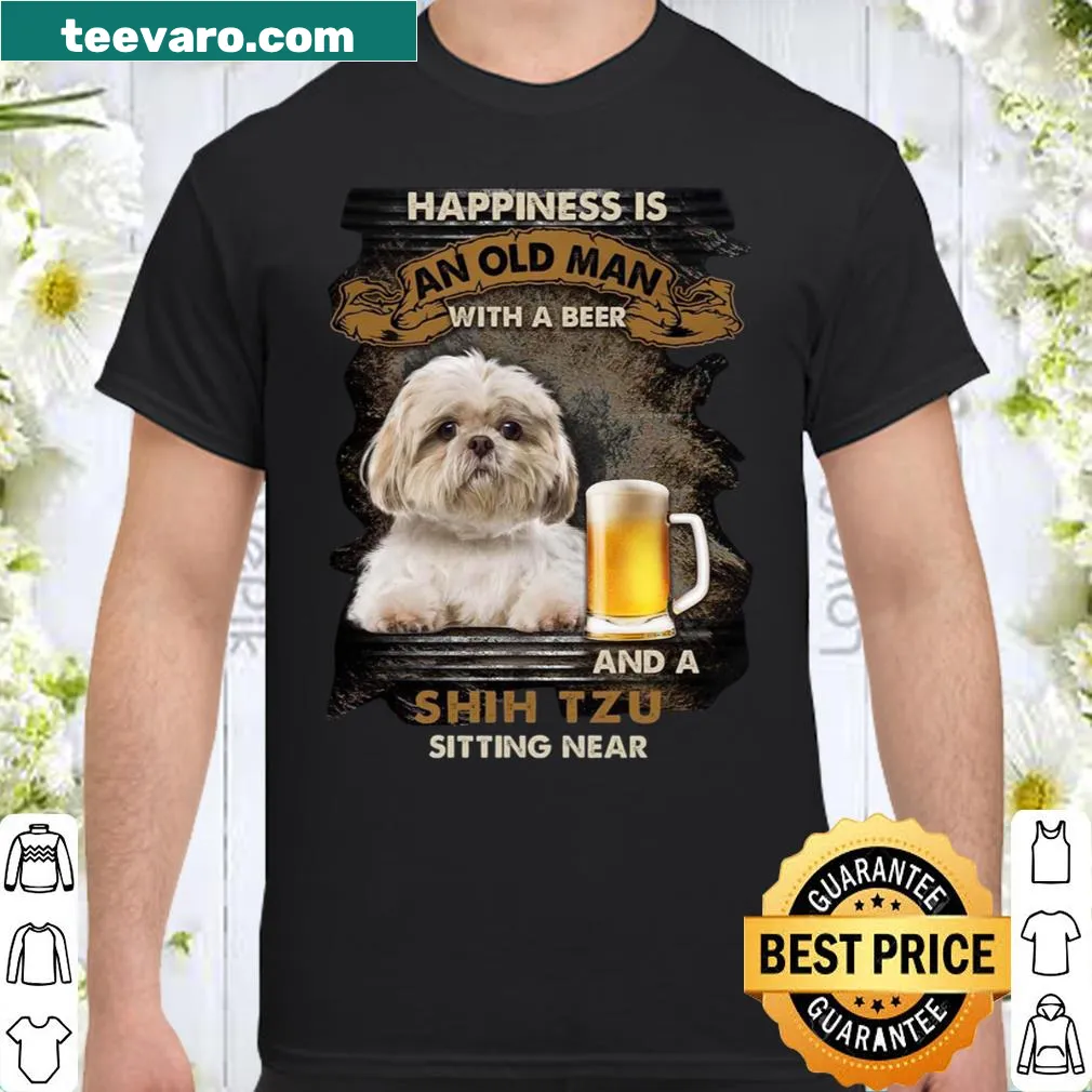 Shirt featuring an illustration of an old man with a beer and Shih Tzu