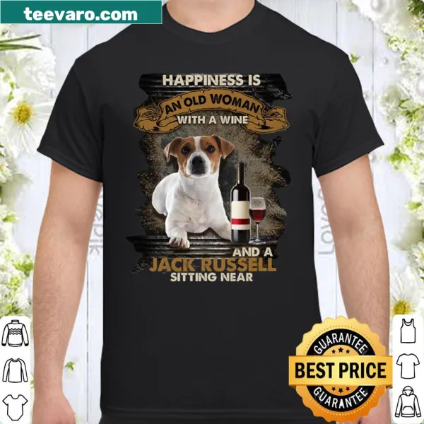 Wholesome shirt depicting an old woman with wine and a Jack Russell