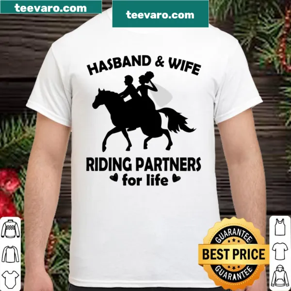 Couple's shirt saying 'Hasband And Wife Riding Partners For Life' in playful typography