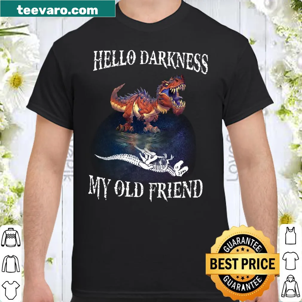 Artistic typography shirt with the phrase 'Hello Darkness My Old Friend.'