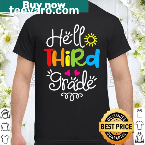 Hello Third Grade text on a fun back-to-school t-shirt