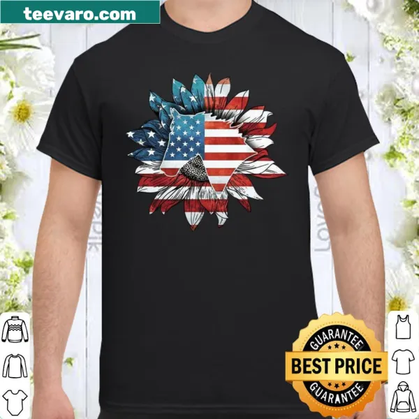 Illustration shirt featuring a horse, sunflowers, and the US flag.