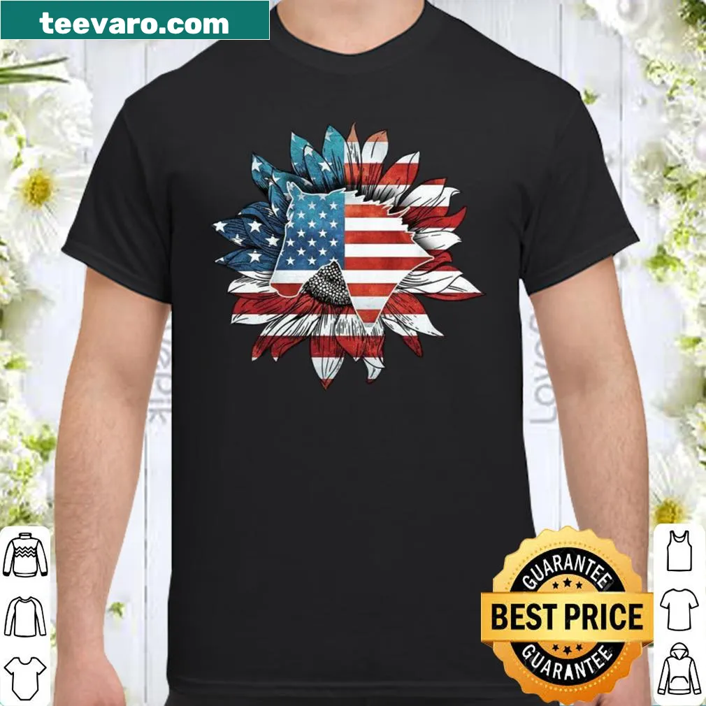 Illustration shirt featuring a horse, sunflowers, and the US flag.