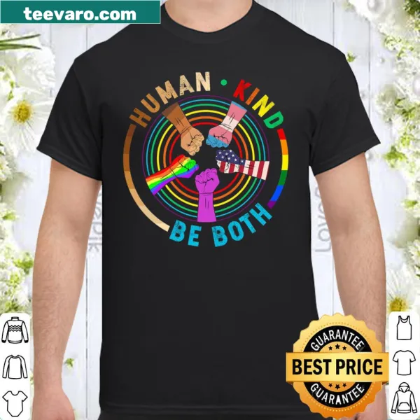 Illustrated shirt with rainbow fists and USA flag, promoting unity