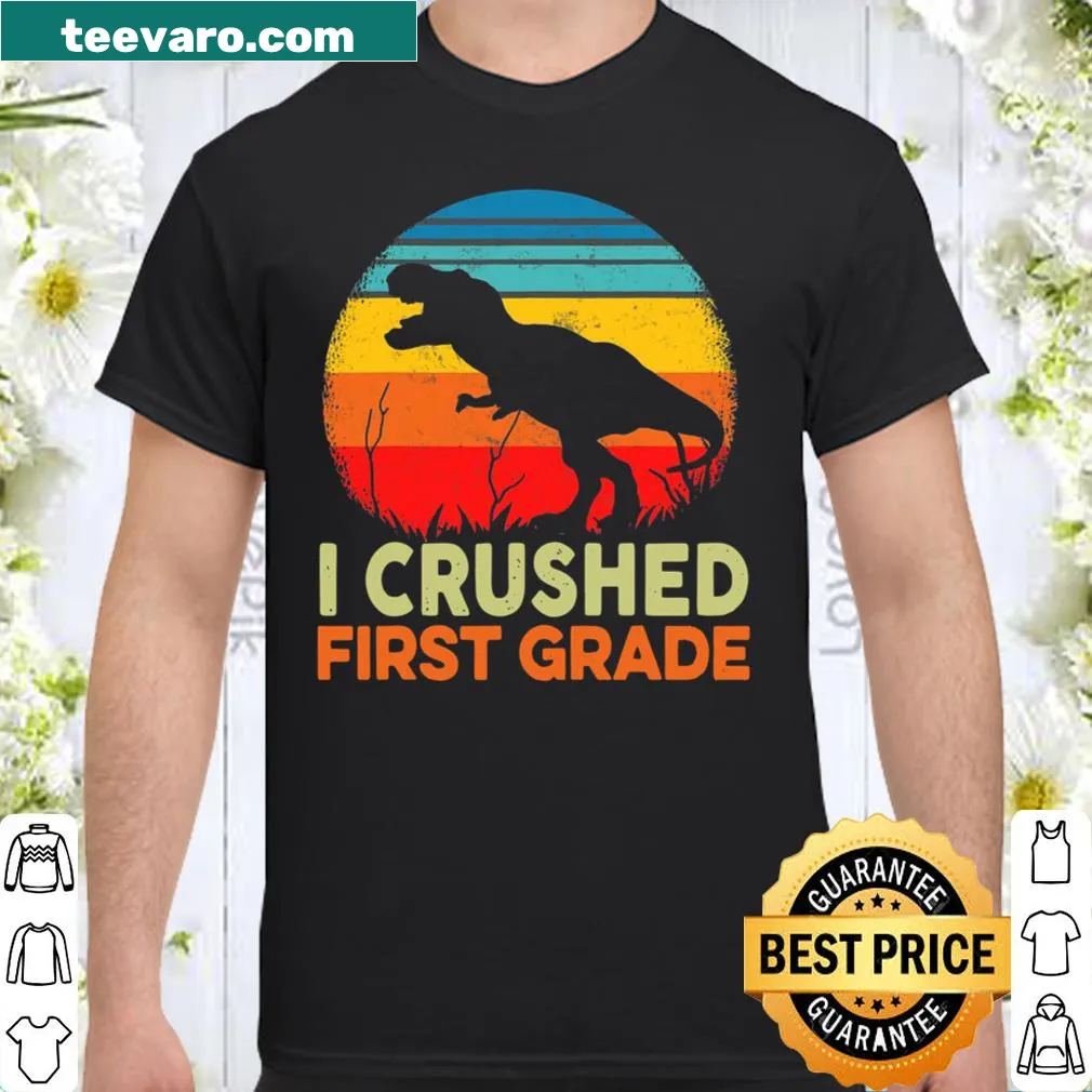 Retro dinosaur graphic on graduation shirt with sunset design
