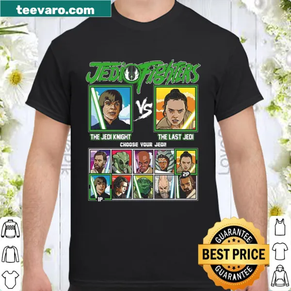 Illustrated shirt depicting Luke Skywalker and Rey in a Jedi duel