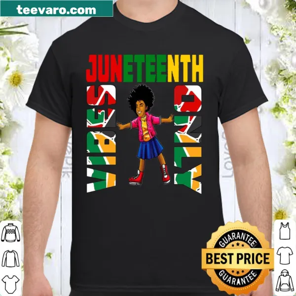 Juneteenth shirt featuring a Black queen illustration and positive vibes text