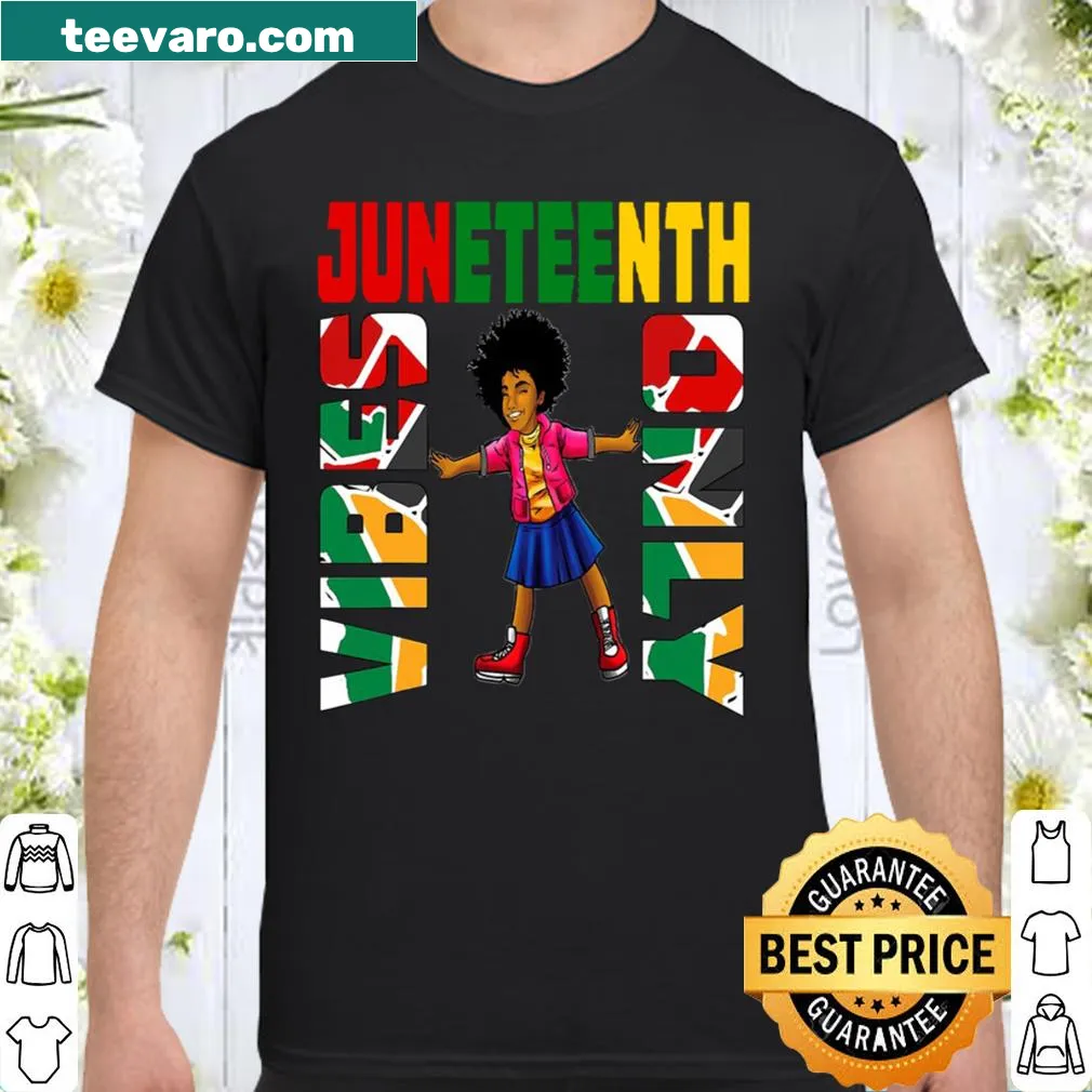 Juneteenth shirt featuring a Black queen illustration and positive vibes text
