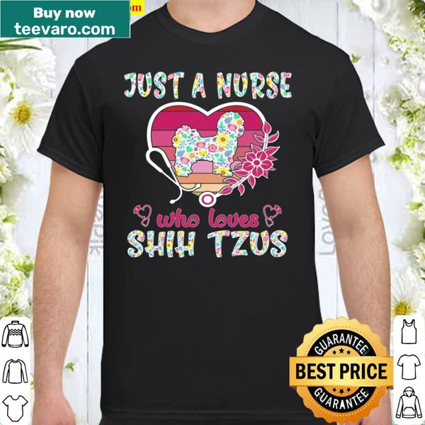 Illustrated Shih Tzu graphic on a nurse-themed women's shirt