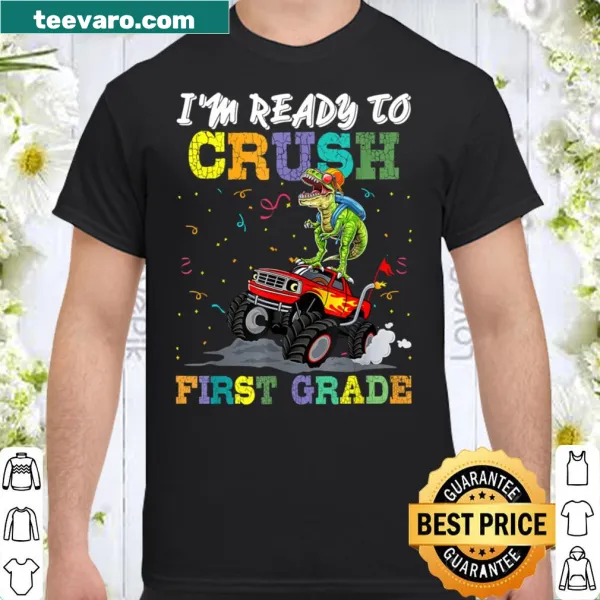 Kids t-shirt featuring monster truck and dinosaur designs with a school theme.