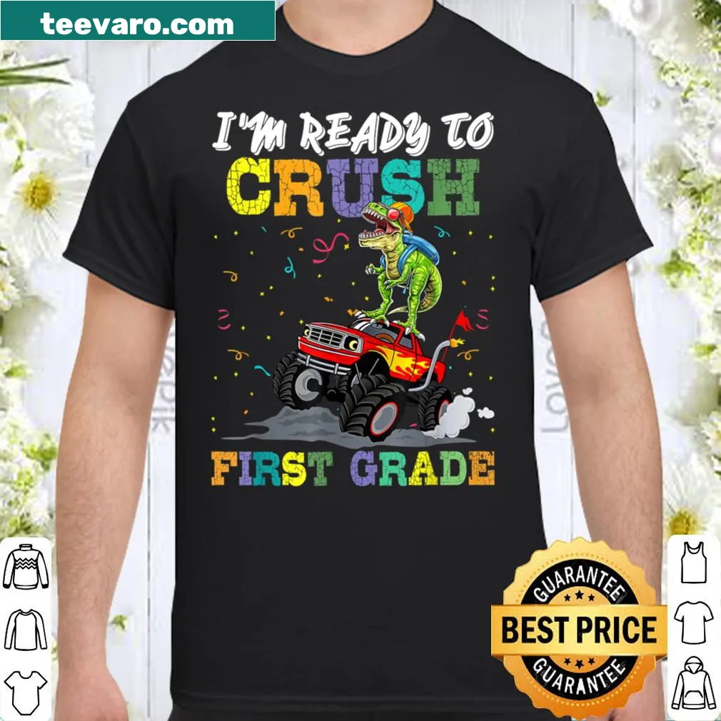 Kids t-shirt featuring monster truck and dinosaur designs with a school theme.