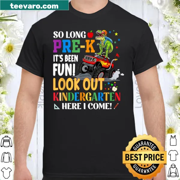 Playful dinosaur driving a monster truck on kids' graduation shirt