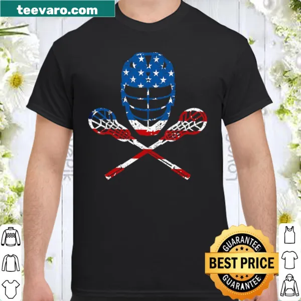 Lacrosse-themed shirt featuring American flag design with helmet and sticks