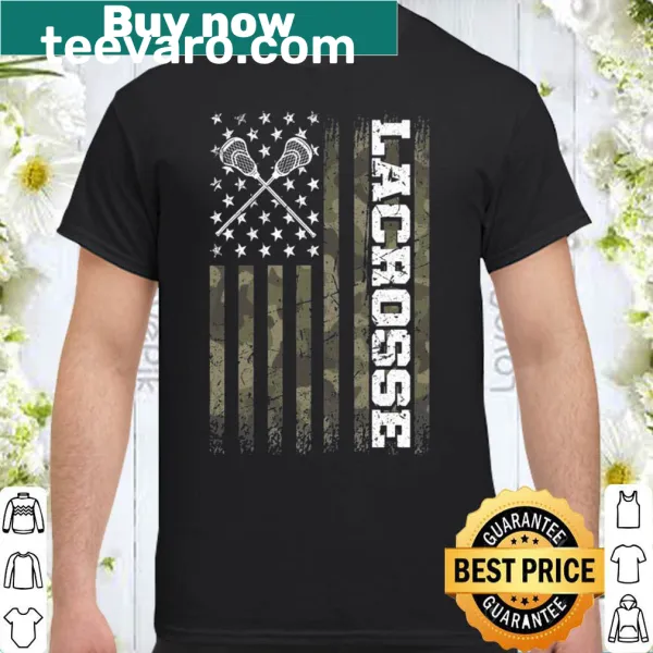 Lacrosse graphic shirt featuring an American flag and player with sticks and helmet.