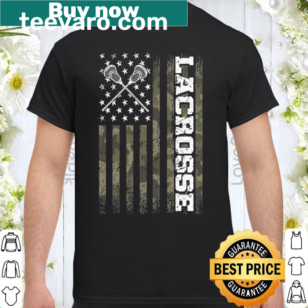 Lacrosse graphic shirt featuring an American flag and player with sticks and helmet.