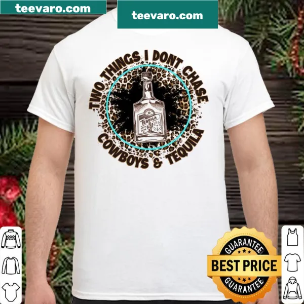 Turquoise shirt with leopard print and playful text about cowboys and tequila