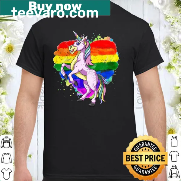 LGBT pride shirt with rainbow flag and fantasy creatures like unicorns
