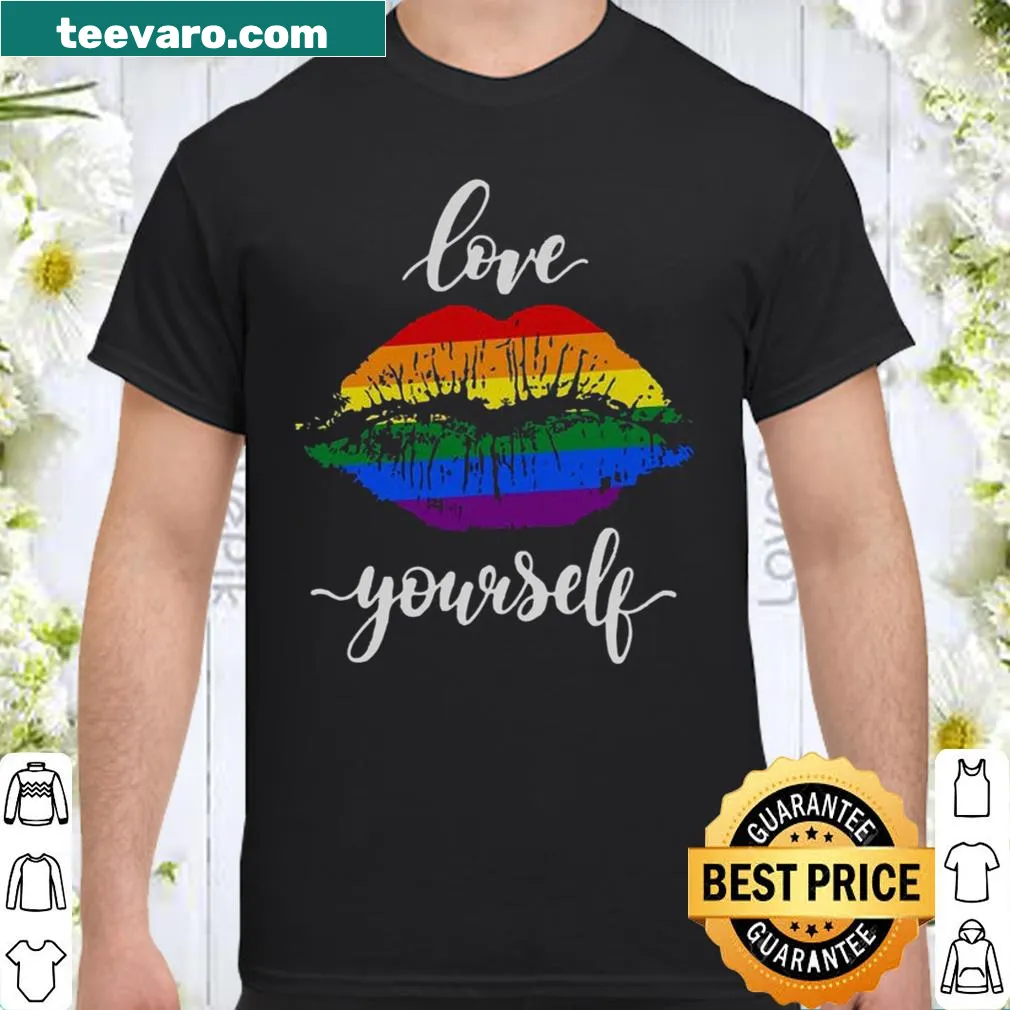 Shirt featuring LGBTQ+ flag lips promoting self-love and acceptance.