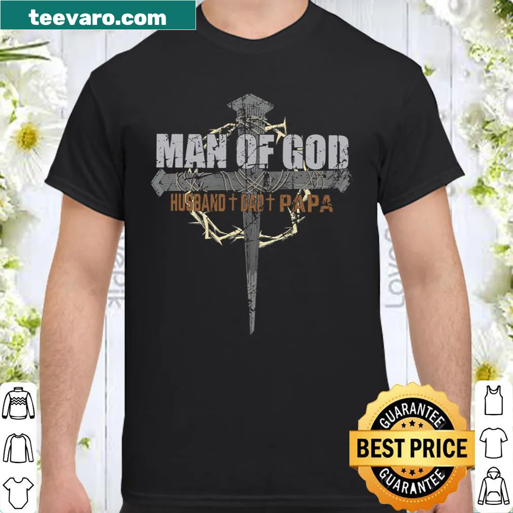 Shirt with 'Man Of God' text and wood cross design.