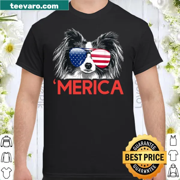 American flag Papillon dog graphic T-shirt for 4th of July