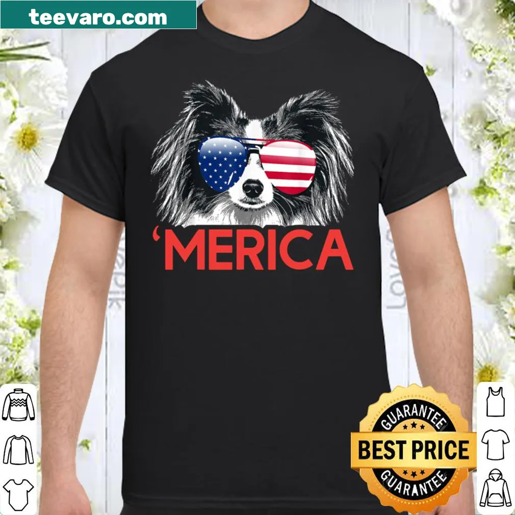 American flag Papillon dog graphic T-shirt for 4th of July
