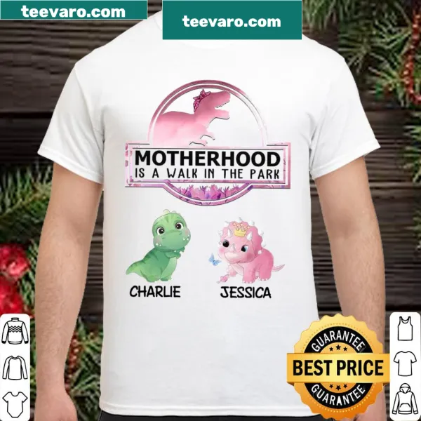 Whimsical shirt with the phrase 'Motherhood Is A Walk In The Park'