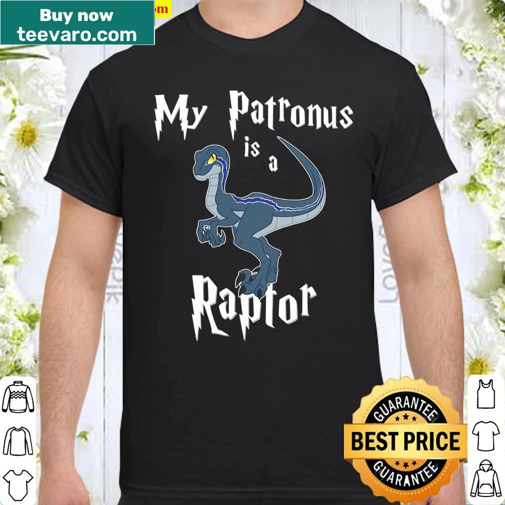 T-shirt with a design stating 'My Patronus is a Raptor' featuring a dinosaur.