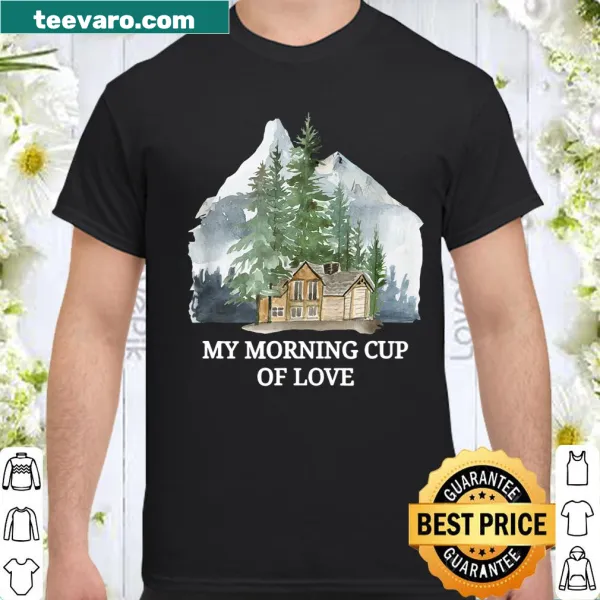 Illustrated T-shirt with a cabin, mountains, and a coffee cup design