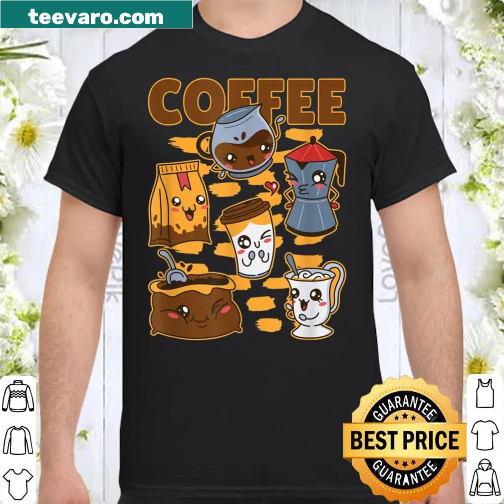 Cartoon coffee drinks collection graphic on a cute t-shirt.