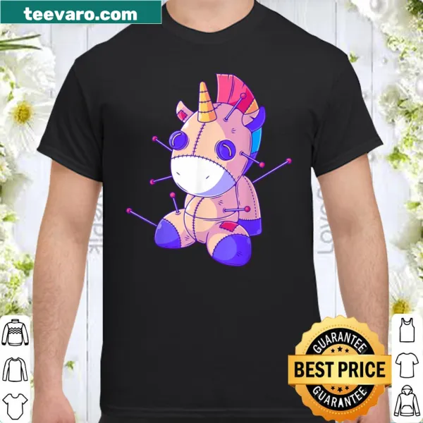 Pastel goth unicorn voodoo doll design on a playful shirt