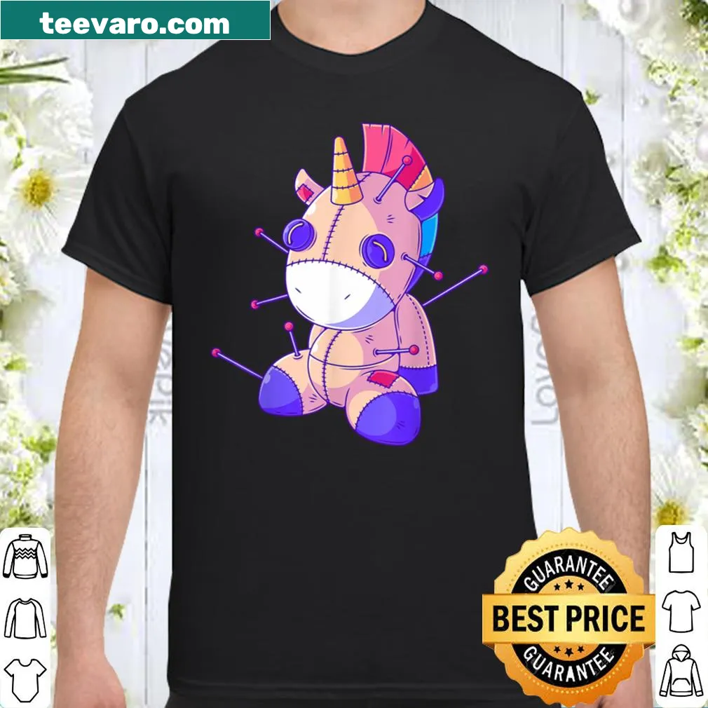 Pastel goth unicorn voodoo doll design on a playful shirt