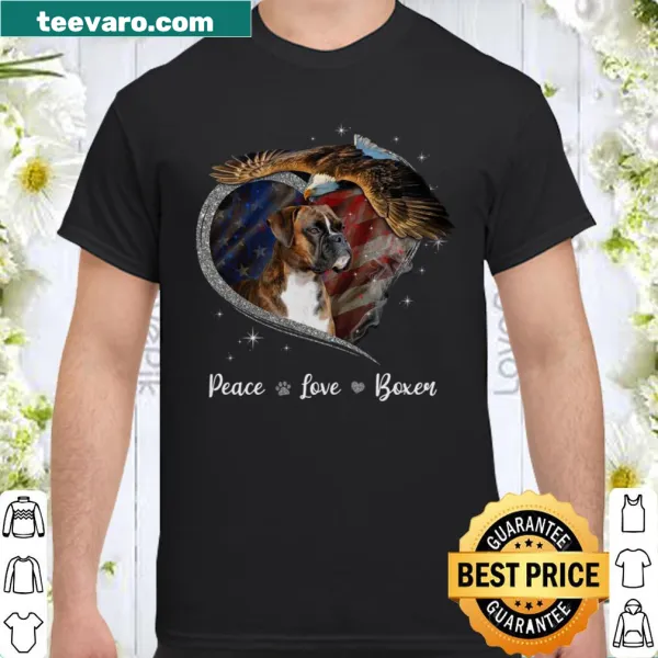 Graphic promoting 'Peace Love Boxer' with dog imagery.